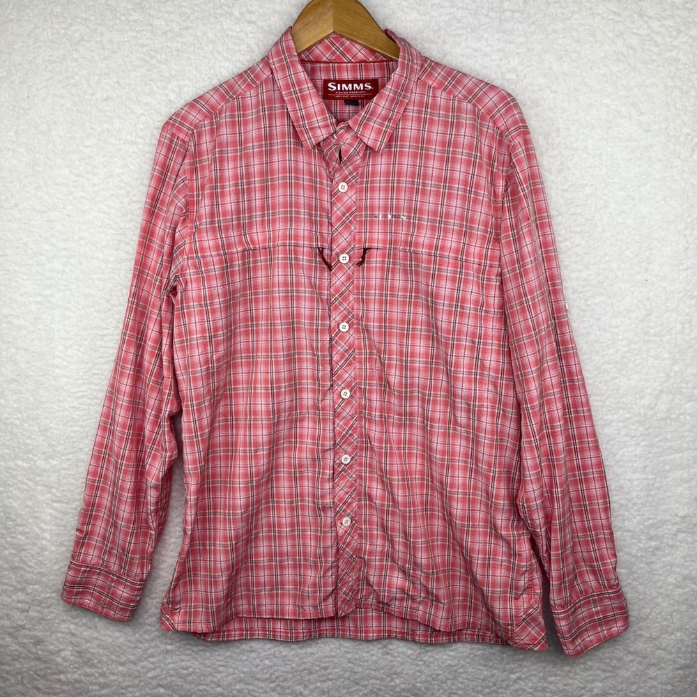 Simms Fishing Shirt Mens Large Pink Plaid Long Sleeve Button Up Vent Utility